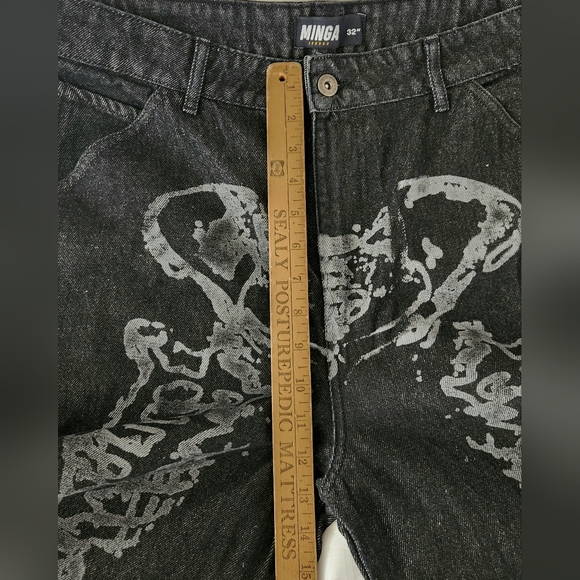 Minga London Bones Black Washed Denim Jeans Skeleton Print Wide Baggy Leg SZ 36 - Picture 16 of 16